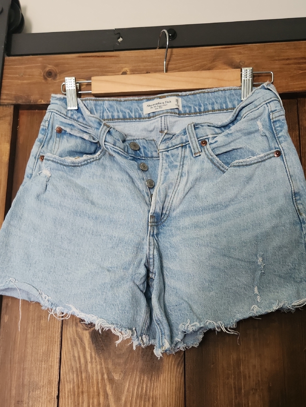 Abercrombie & Fitch Light Blue High-Rise Distressed Denim Shorts